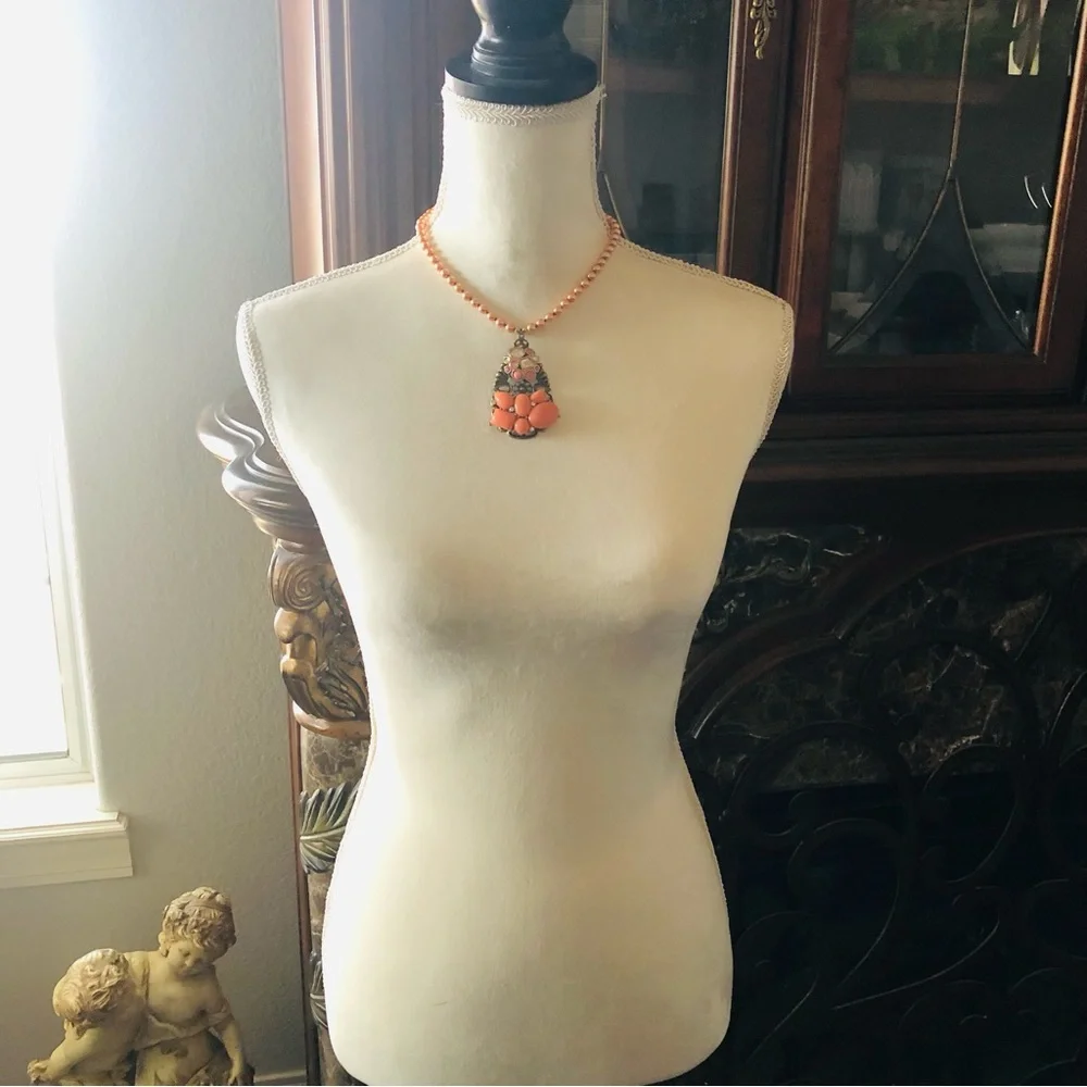 Handcrafted repurpose stone covered filigree pendant Czech glass Pearl necklace